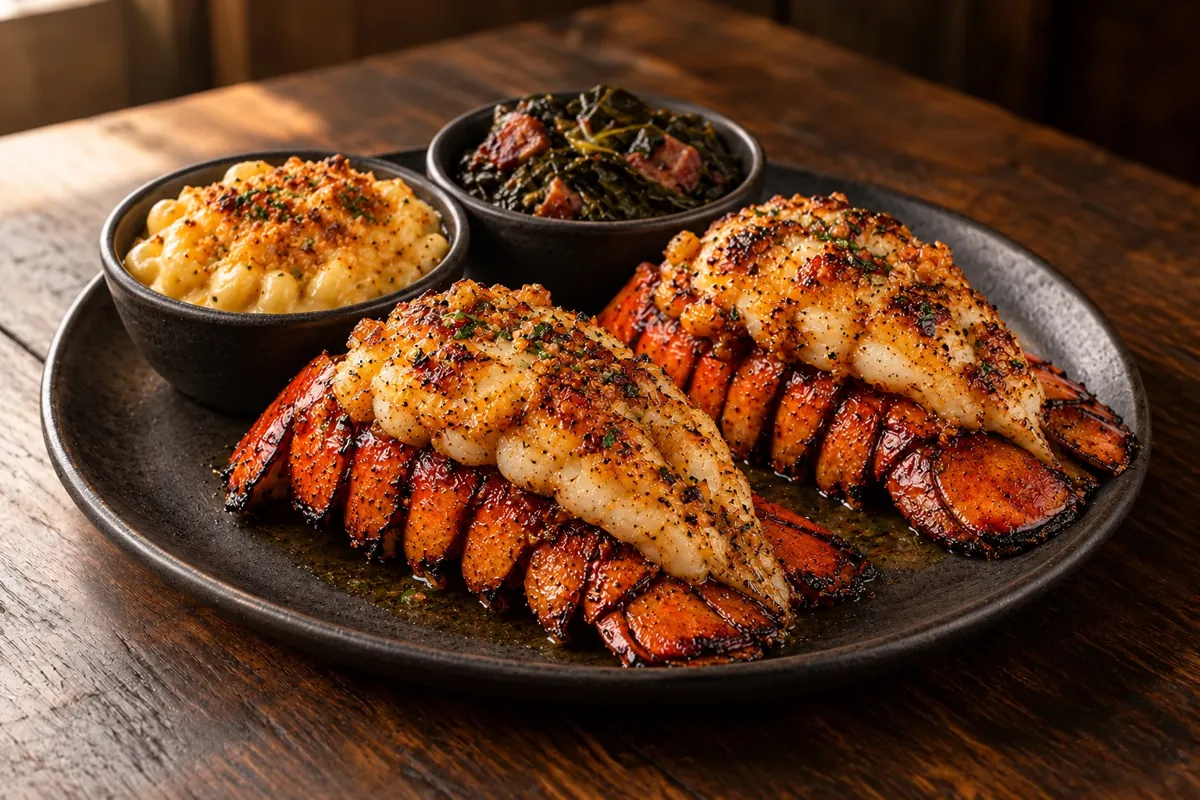 Two grilled lobster tails with garlic brown butter, smoked Gouda mac and Southern greens