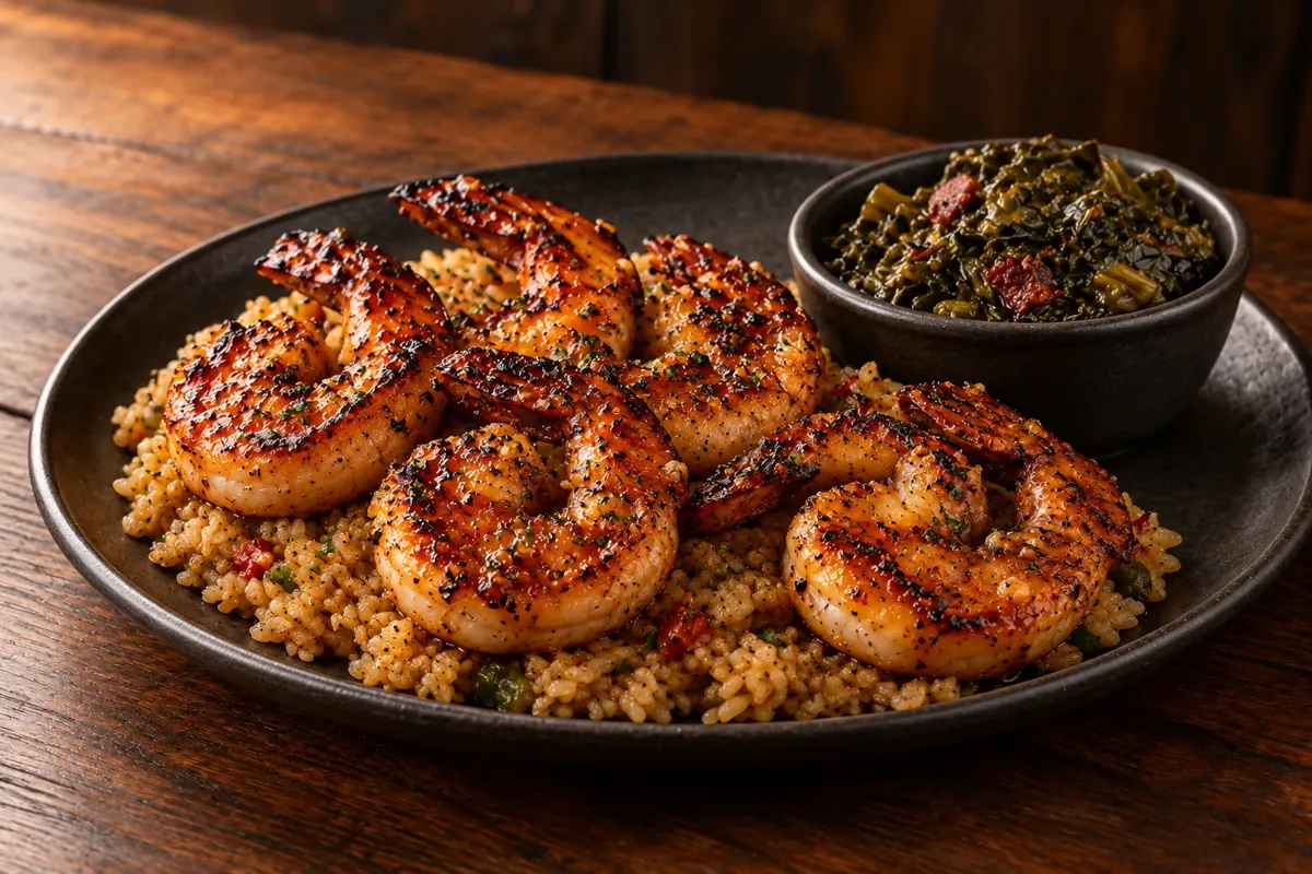 Honey garlic grilled shrimp over seasoned rice with a bowl of greens