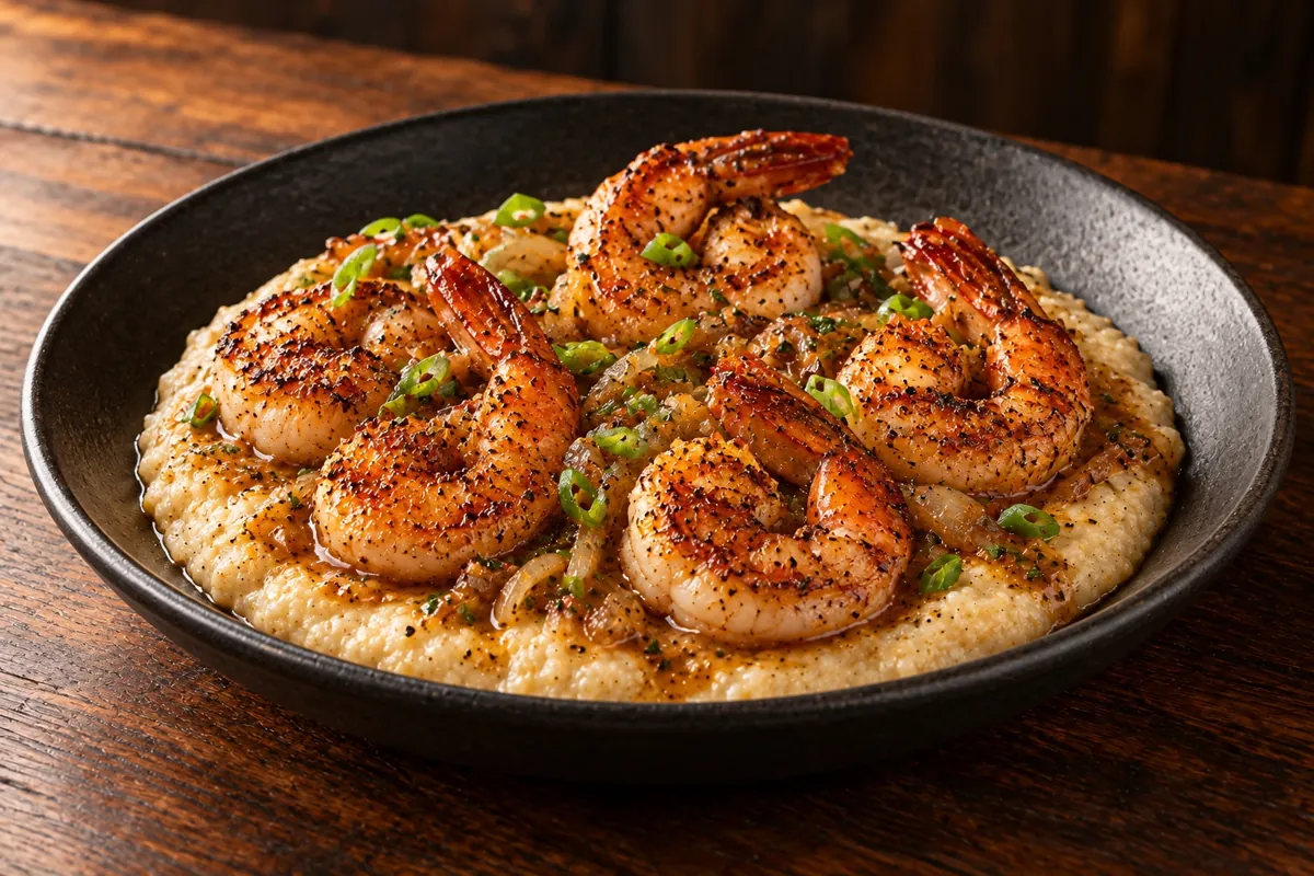 Seared shrimp over creamy stone-ground grits with scallions