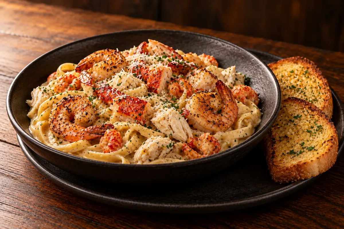 Fettuccine with shrimp, lobster, crab and crawfish in Parmesan cream, with garlic bread
