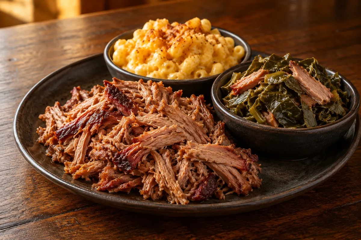 A plate of sliced brisket with two sides