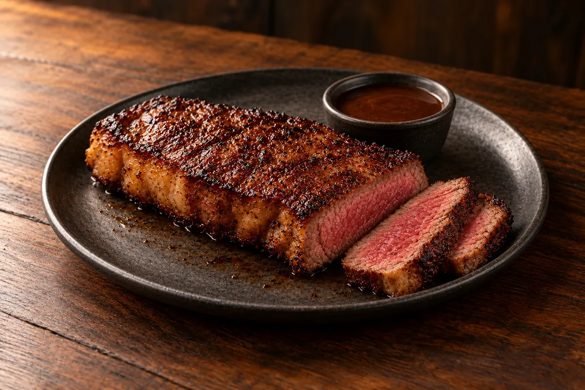 New York strip with a bold sear, sliced