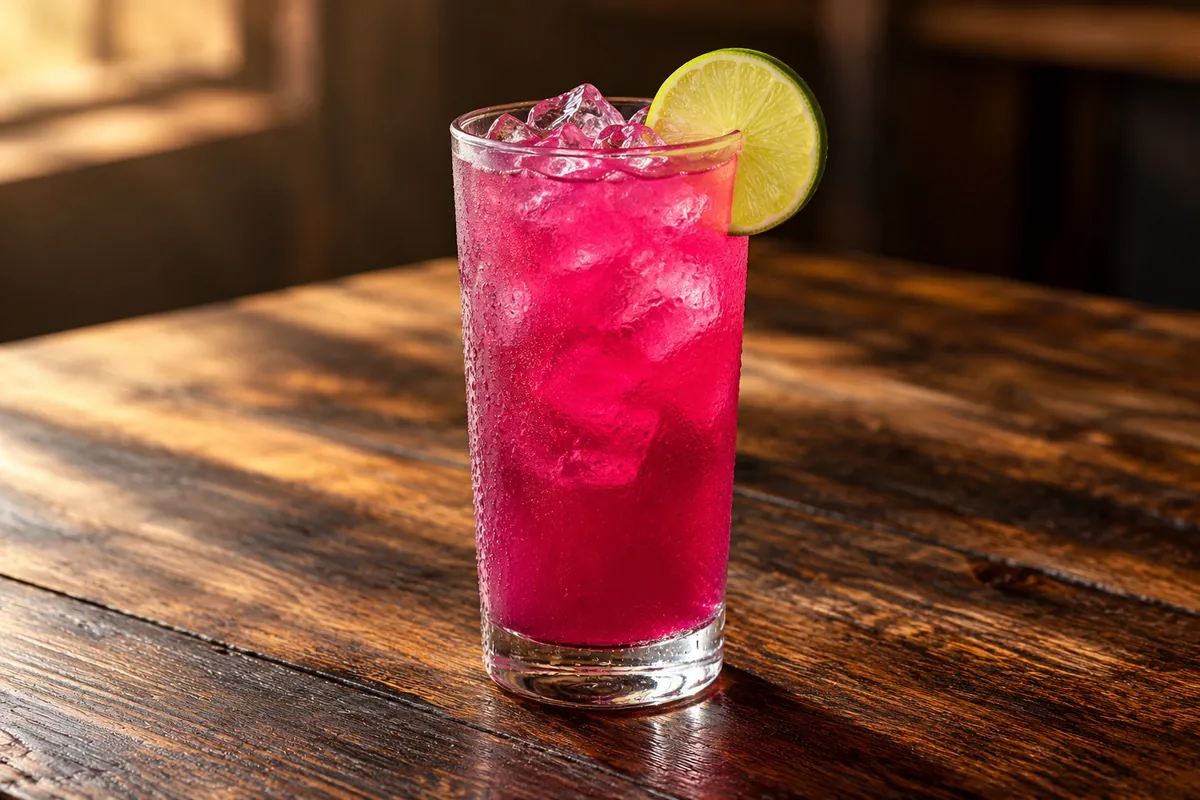 Bright pink prickly pear limeade with a lime wheel