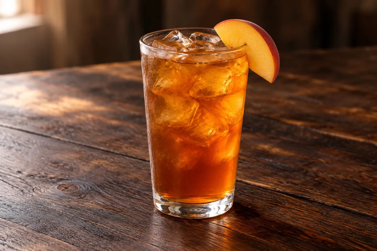 Texas peach tea over ice with a peach slice