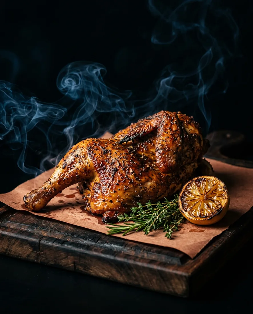 Pit-smoked half chicken with crisp, bronzed skin