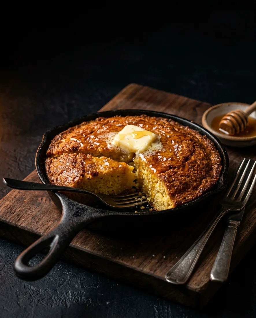 Brown butter cornbread in a cast-iron skillet with honey