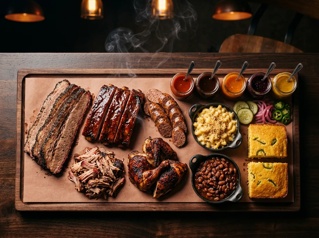 The Pit Flight: brisket, ribs, sausage, pulled pork, smoked chicken, mac and cheese, beans, cornbread and five sauces on one board