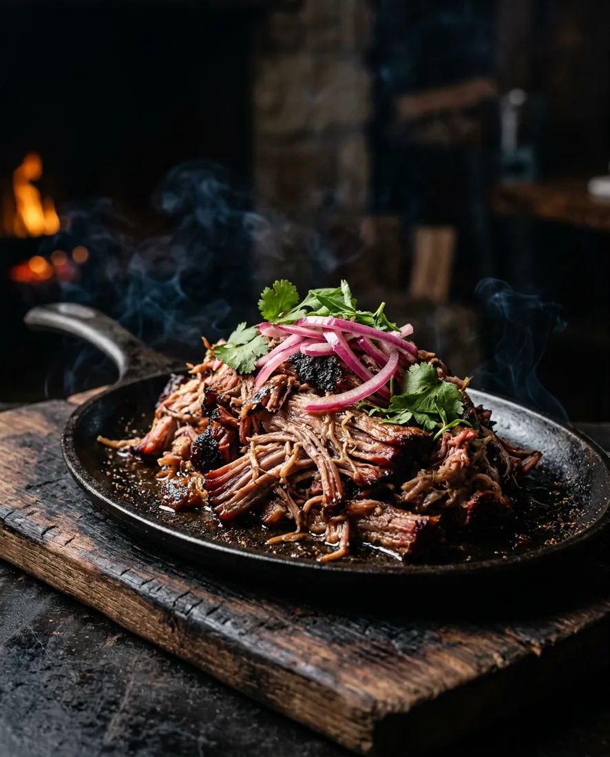 Hand-pulled smoked pork shoulder in a cast-iron pan