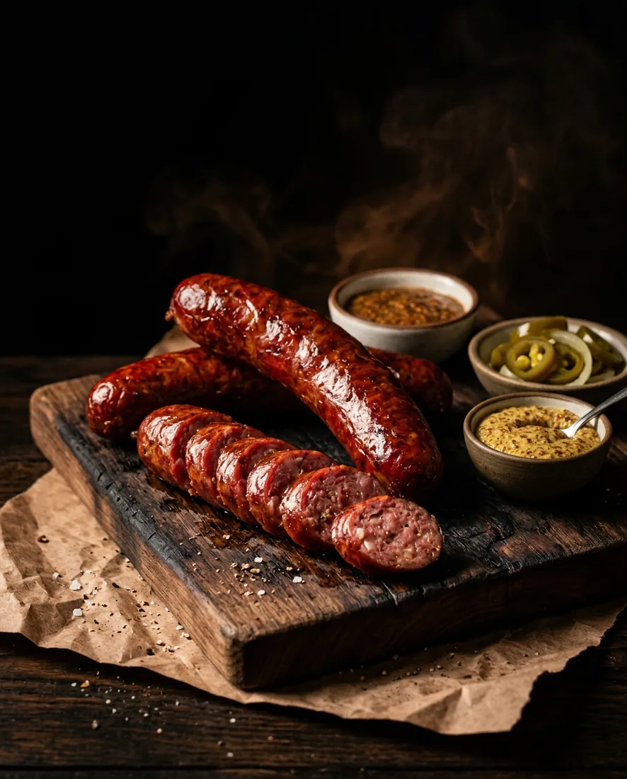 Smoked sausage links, one sliced, on a board