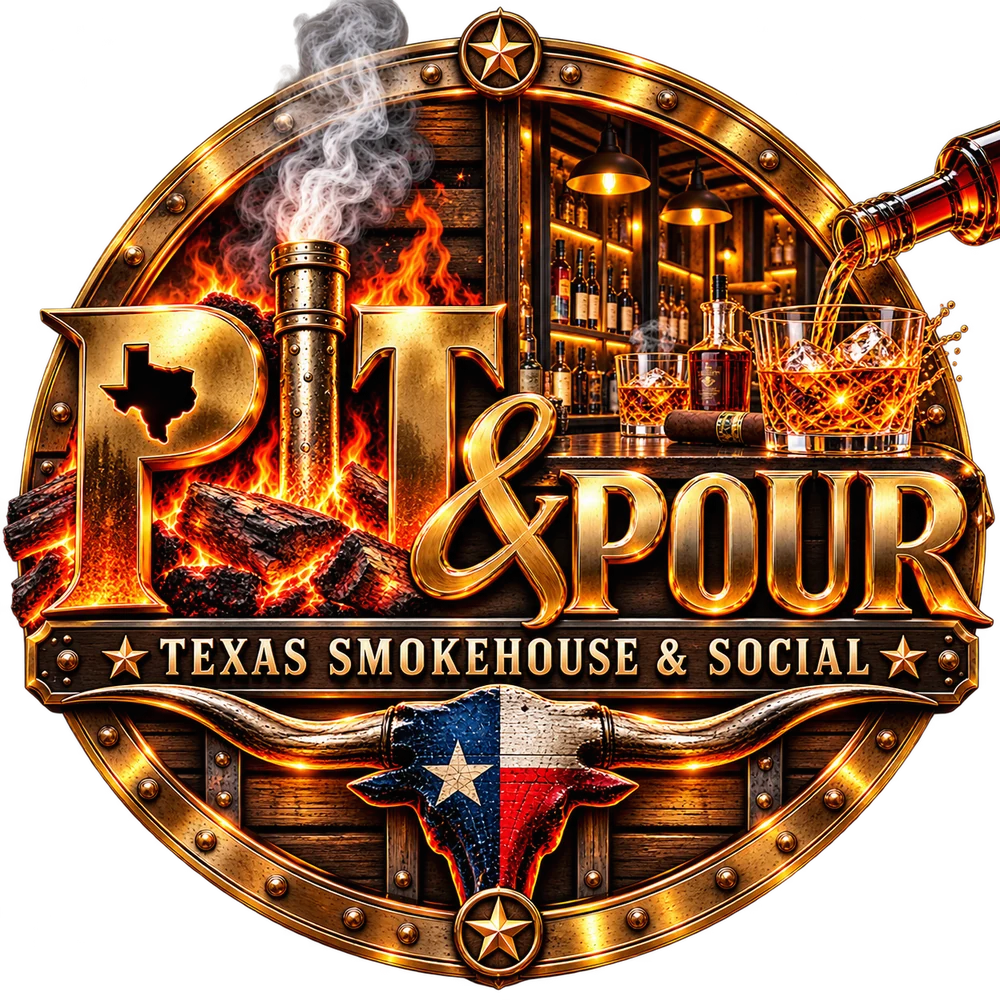 Pit & Pour emblem: the pit fire on one side, a back bar and a pour on the other, a Texas flag longhorn below.