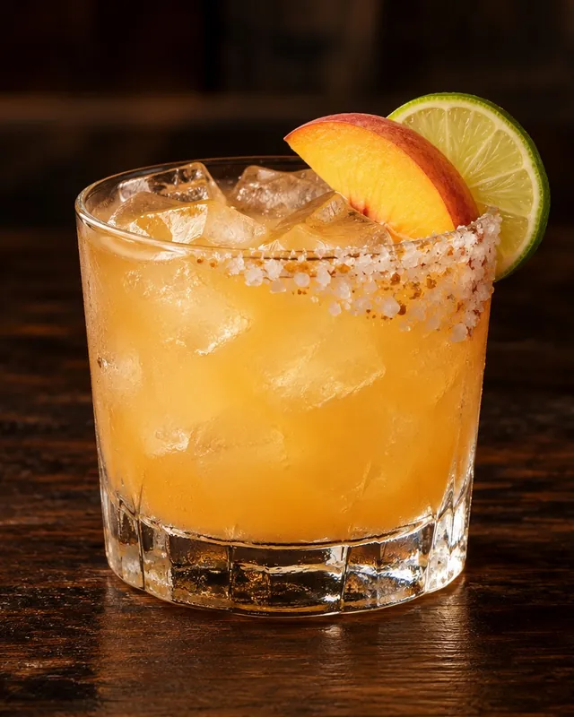 The Magnolia Margarita: a peach-gold cocktail over ice with a sweet-salty half rim, peach slice and lime wheel